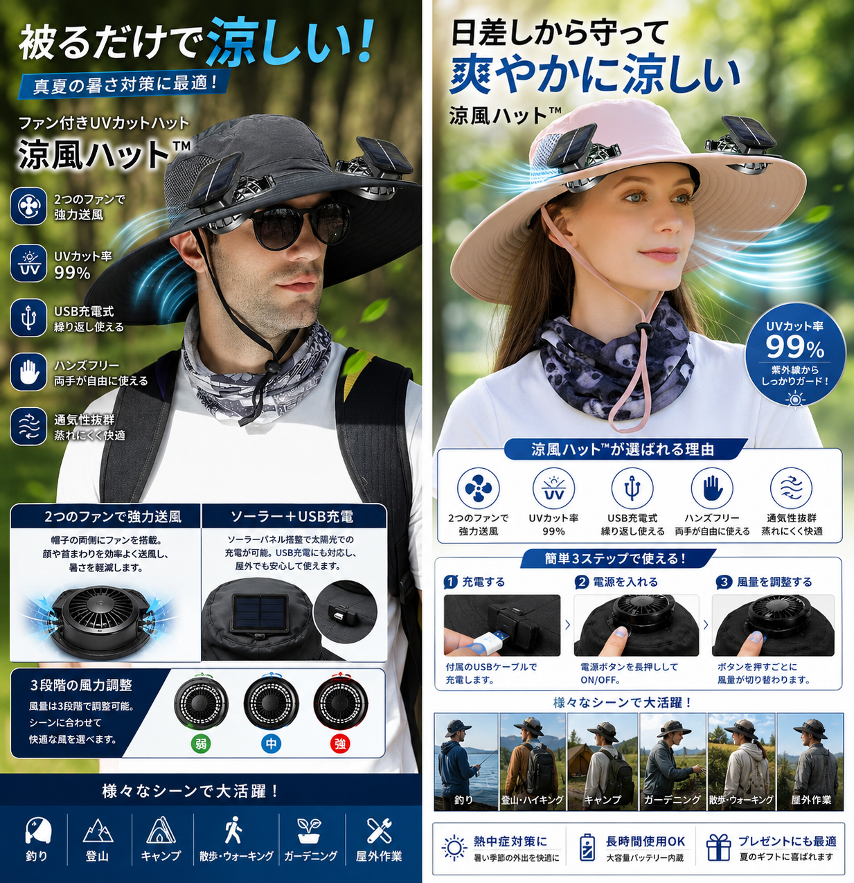 涼風ハット™｜USB充電式ファン付き冷却サンハット