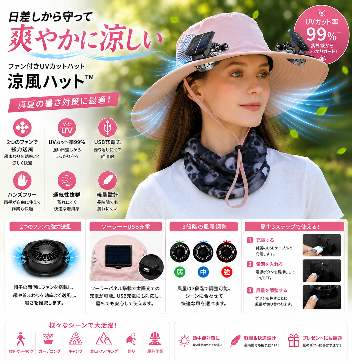 涼風ハット™｜USB充電式ファン付き冷却サンハット