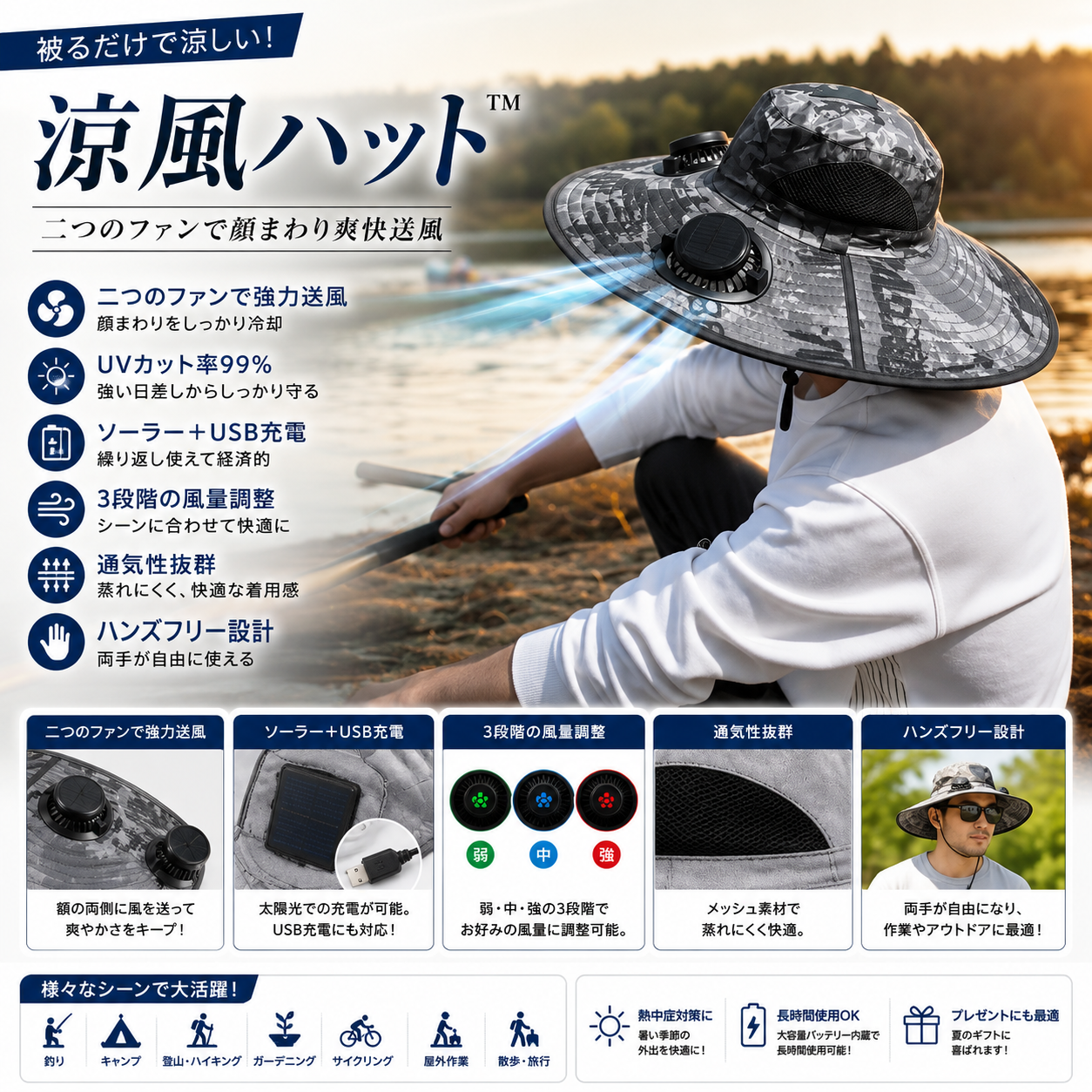 涼風ハット™｜USB充電式ファン付き冷却サンハット