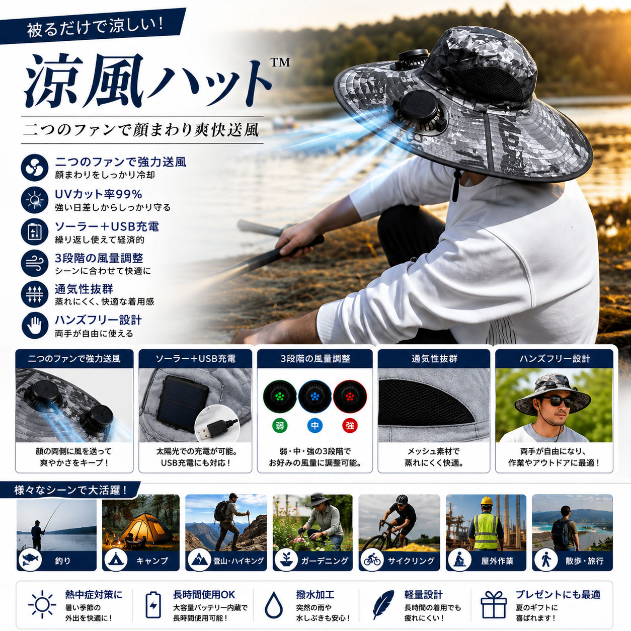 涼風ハット™｜USB充電式ファン付き冷却サンハット